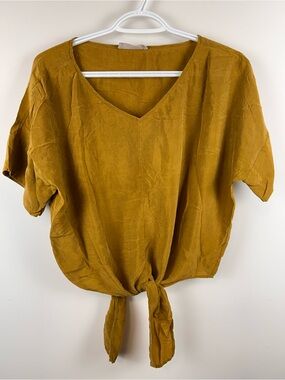 Everlane Cupro Tie Front Top Size 4 Mustard Gold V-Neck Blouse